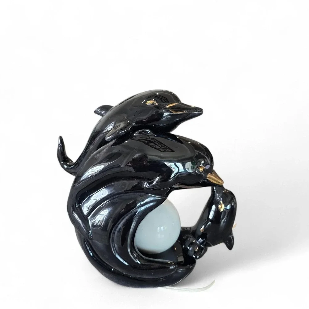 Vintage Dolphins TV Lamp 50's Black And Gold mcm Working Unique Gift